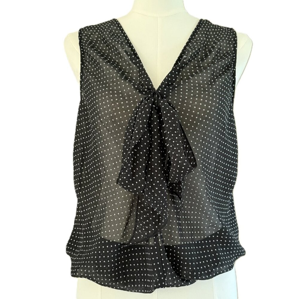 Max Edition | Sheer Black & White Dotted Bow-Tie Sleeveless Shirt Sz M